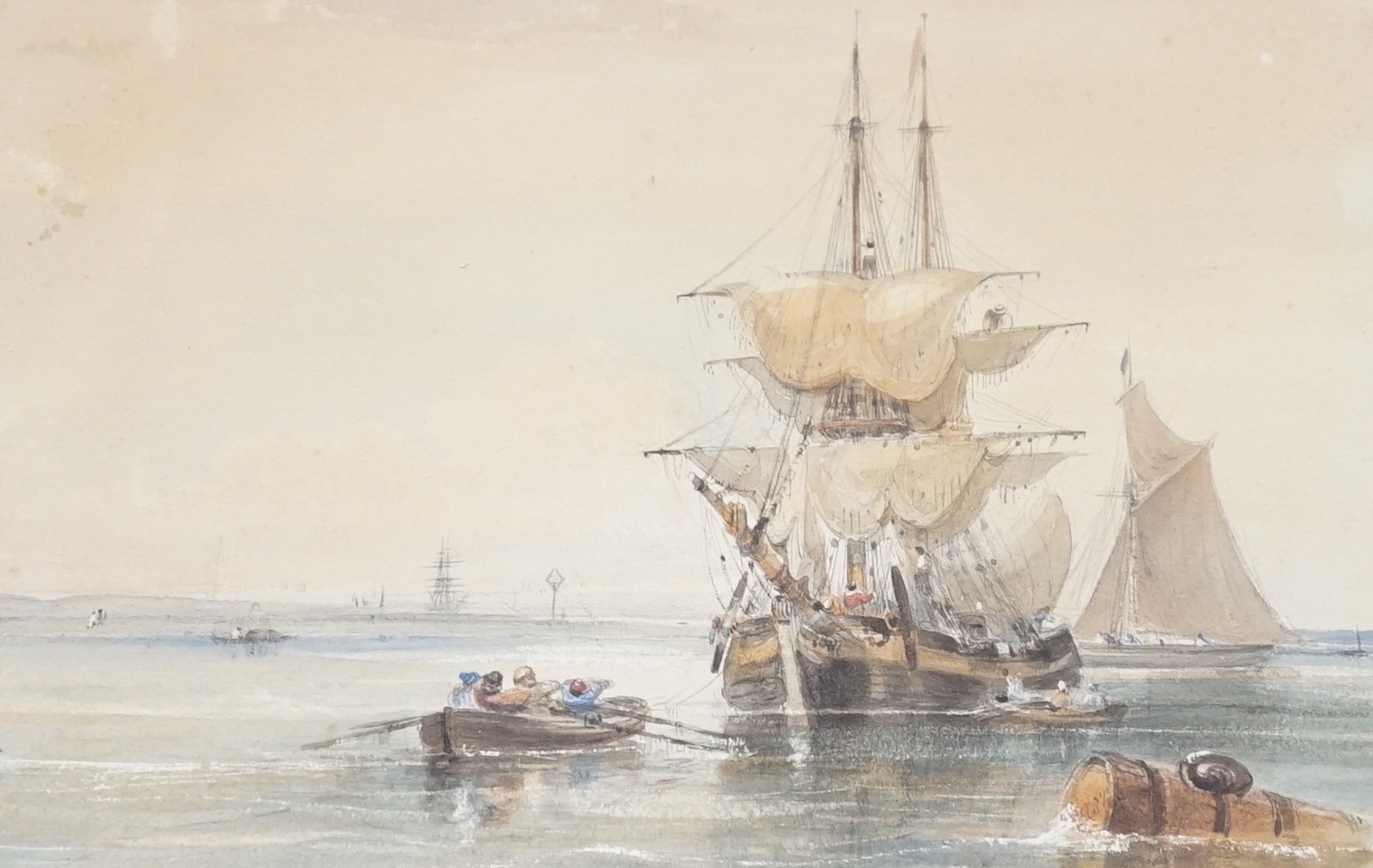 A pair of 19th century Continental watercolours of coastal marine landscapes, 21x31cm